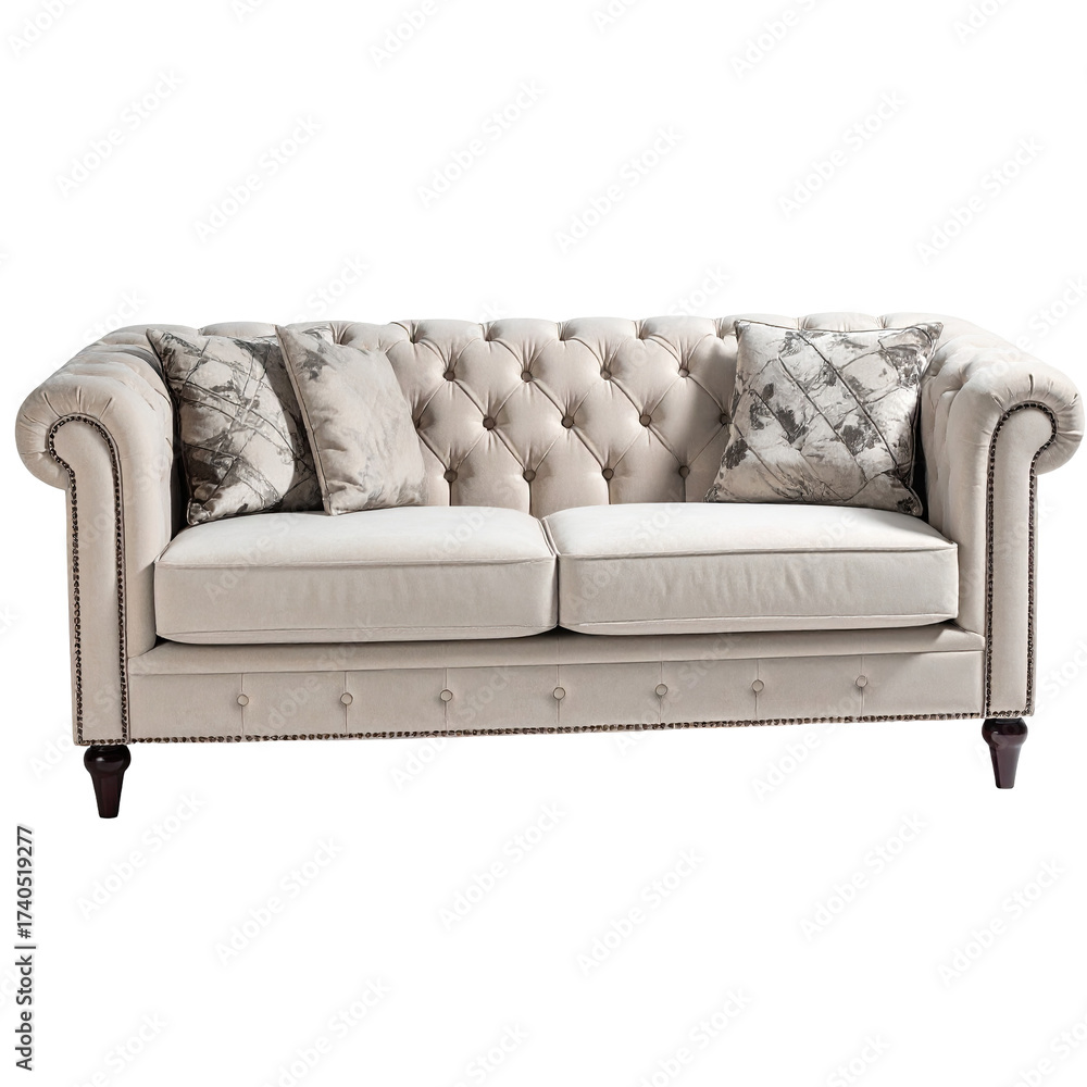 Fototapeta premium Light beige tufted sofa with decorative pillows