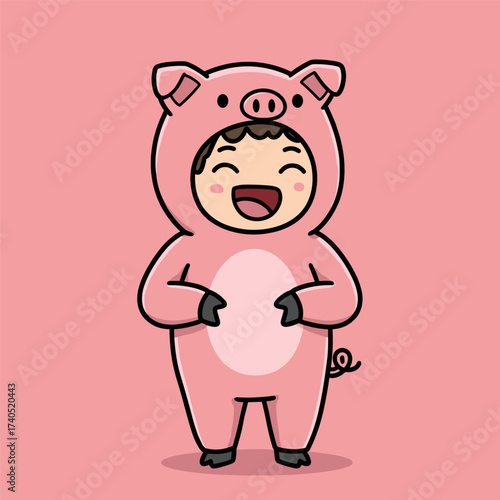 Cartoon child in pink pig costume with curly tail and black hooves, smiling with eyes closed on solid pink background.