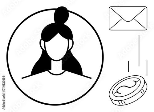 Womans profile inside a circle accompanied by an envelope and coin. Ideal for communication, identity, finance, email, interaction, user profile, digital exchange. Simple flat metaphor