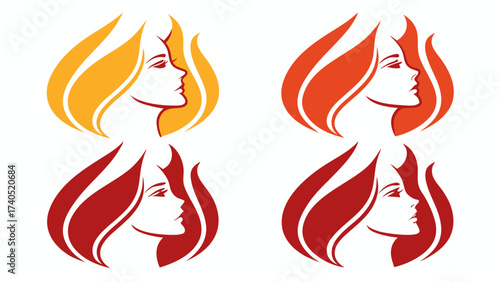 Four stylized female faces with fiery hair in different colors