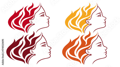 Stylized female profiles with fiery hair in four color variations
