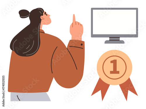Woman gesturing toward blank screen and number 1 medal. Ideal for education, training, success, recognition, goal-setting, leadership, motivation. Simple flat metaphor