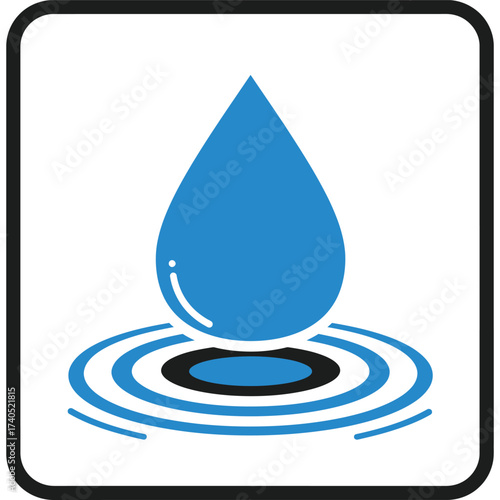 Water Drop Icon with Ripples in a Frame droplet wave waves liquid clean purity fresh refreshing blue black white symbol graphic