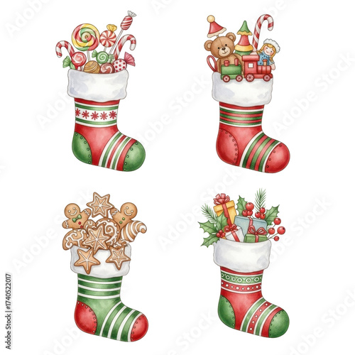 Festive Christmas Stockings Filled with Treats and Toys.