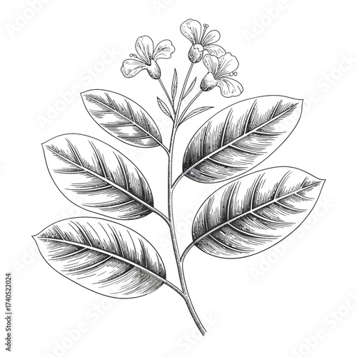 Botanical illustration of a flowering branch with detailed leaves and blossoms