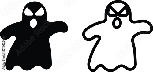 Ghost icon set in black flat and outline styles. Phantom or apparition haunting halloween ghost vectors, spooky ghost symbols, scary monster silhouette, horror cartoon phantom designs illustration.