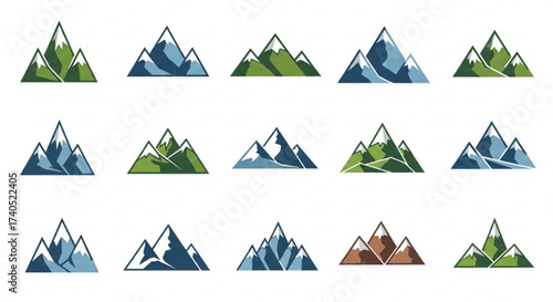 Illustration showing a collection of fifteen mountain range icons in various color schemes and designs