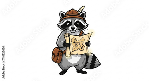 Cartoon raccoon adventurer holding a treasure map wearing a hat with a feather and a brown satchel bag
