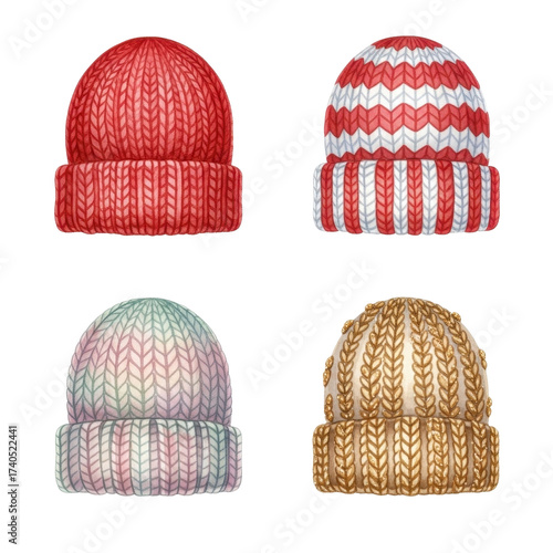 Collection of Knitted Beanies in Various Colors and Patterns.