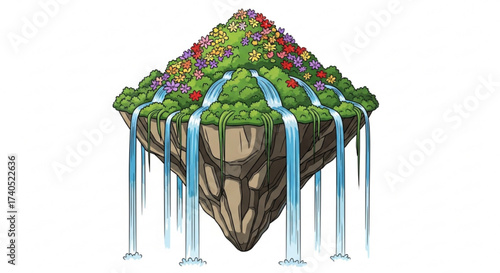 Floating island with waterfalls and flowers on top in a cartoon style illustration is presented here