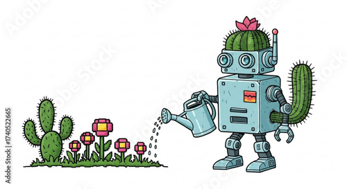 A robot with a cactus on its head is watering pixelated flowers next to a real cactus in a garden