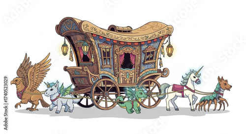 Fantasy caravan pulled by griffin unicorn dragon and dog centipede with ornate wagon and hanging lanterns