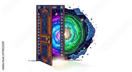 An ornate wooden door opens to reveal a swirling galaxy of blues greens and purples with stars around it