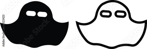 Ghost icon set in black flat and outline styles. Phantom or apparition haunting halloween ghost vectors, spooky ghost symbols, scary monster silhouette, horror cartoon phantom designs illustration.
