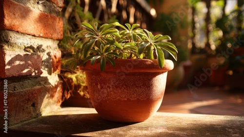 Serene Potted Plant in Natural Light on Brick Surface