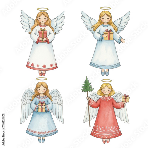 Four Adorable Christmas Angels with Gifts and Tree.