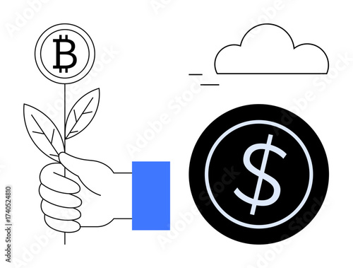 Hand nurturing Bitcoin plant alongside a dollar coin and cloud. Ideal for finance, cryptocurrency, investment, innovation, eco-sustainability, growth potential, modern economy concepts. Simple flat