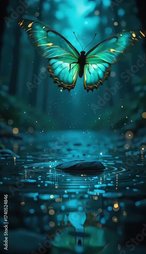 A bright green butterfly on the water with a nature art design, illustration, and light texture for a summer wallpaper