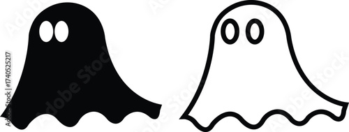 Ghost icon set in black flat and outline styles. Phantom or apparition haunting halloween ghost vectors, spooky ghost symbols, scary monster silhouette, horror cartoon phantom designs illustration.