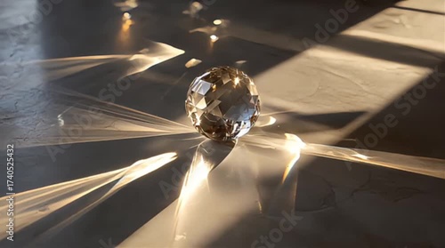 A golden sphere reflects the traffic of a passing automobile's glass in the dark as if it were a mirror