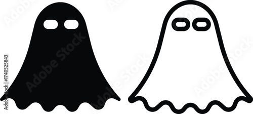 Ghost icon set in black flat and outline styles. Phantom or apparition haunting halloween ghost vectors, spooky ghost symbols, scary monster silhouette, horror cartoon phantom designs illustration.