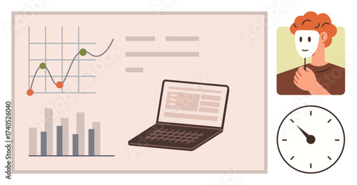 Laptop with a graph and bar chart, person holding mask, and clock symbolizing analytics, hidden identity, and productivity. Ideal for business, psychology, productivity, finance research