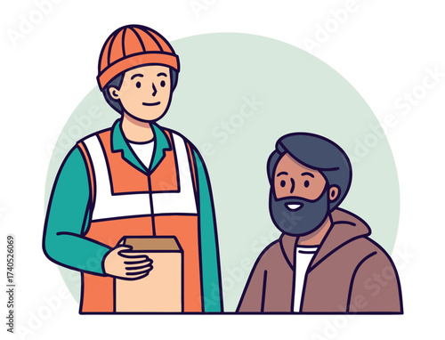 Delivery worker handing package to recipient at home or office