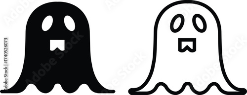 Ghost icon set in black flat and outline styles. Phantom or apparition haunting halloween ghost vectors, spooky ghost symbols, scary monster silhouette, horror cartoon phantom designs illustration.