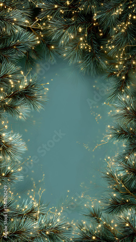 Teal green background framed with pine branches decorated with glowing golden fairy lights forming festive border with open center space

