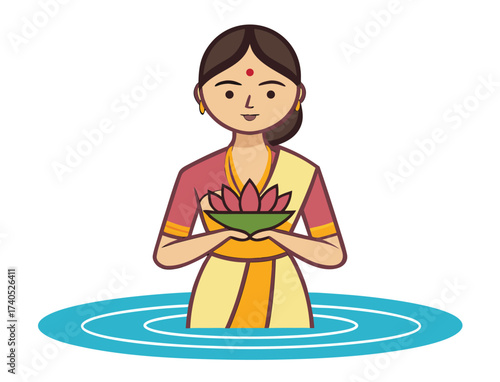 Indian Woman in Traditional Saree Holding Lotus Flower in Water