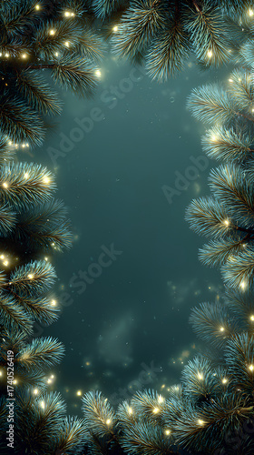 Teal green background framed with pine branches decorated with glowing golden fairy lights forming festive border with open center space
