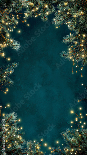 Teal green background framed with pine branches decorated with glowing golden fairy lights forming festive border with open center space
