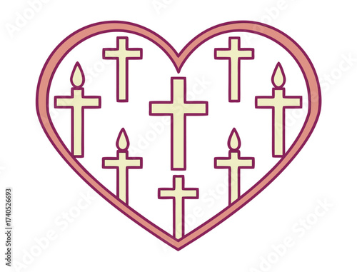 Heart containing religious cross symbols and candle light icons graphic