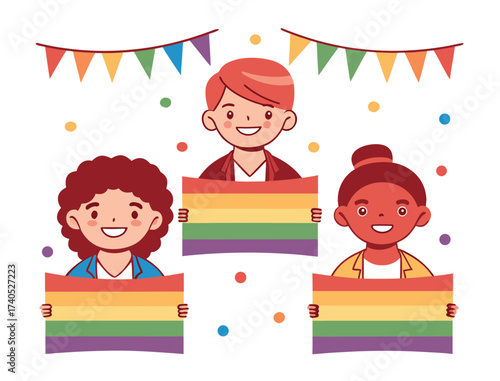 Happy diverse cartoon people celebrating pride with rainbow flags and garlands