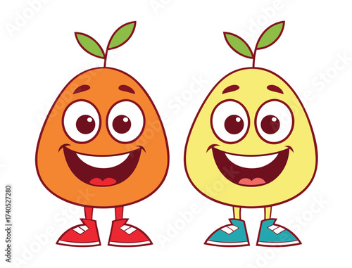 Cute cartoon fruit characters standing and smiling on white background illustration