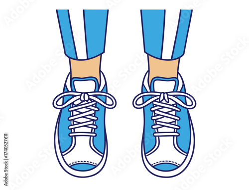 Top down view of trendy blue and white sneakers on feet