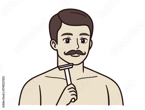 Man with mustache shaves his face using a razor for grooming