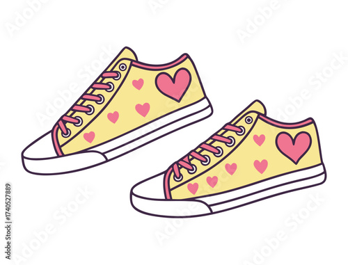 Cute Yellow Sneakers with Pink Hearts Trendy Footwear Illustration Fashion