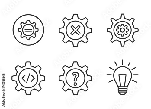 Vector illustration of six modern conceptual engineering icons in line style