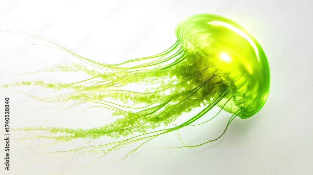 Obraz premium Vibrant lime green jellyfish against white background