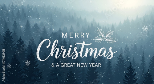 A Happy Merry Christmas And New Year Greeting With Snow Falling Over A Misty Winter Forest Scene
