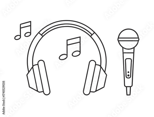 Headphones microphone and music notes representing podcasting and audio content creation