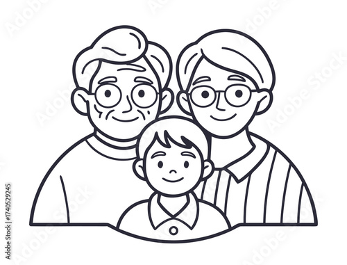 Line art illustration of a multigenerational family portrait smiling warmly