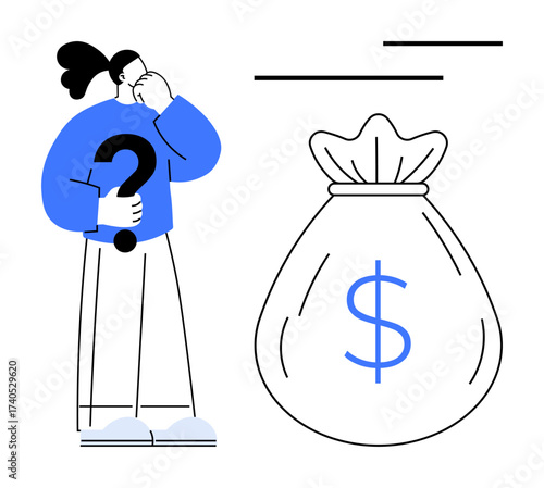 Confused individual holding a question mark beside a money bag. Ideal for finance, saving, budgeting, financial planning, decision-making, economics, debt. Simple flat metaphor