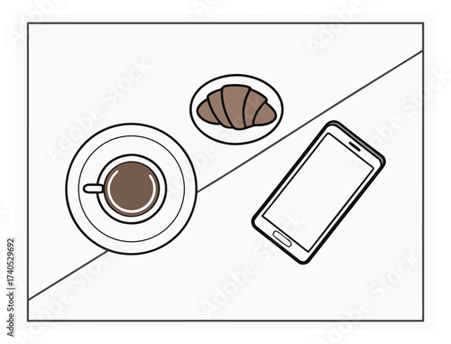 Modern workspace with coffee croissant and smartphone for creative work