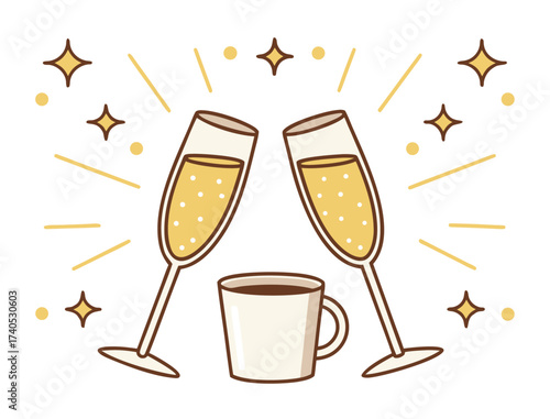 Festive celebration with champagne flutes and coffee mug vector illustration