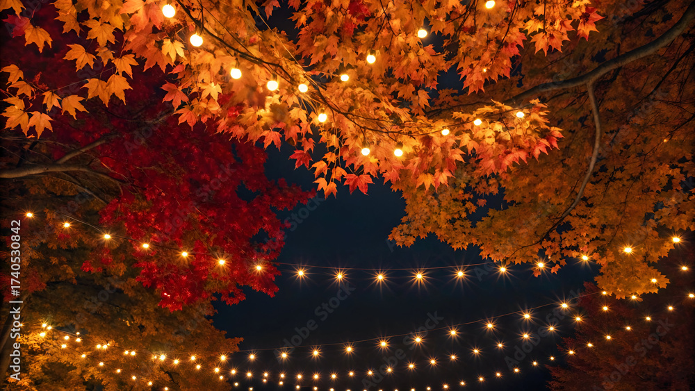 Obraz premium Autumn trees adorned with string lights at twilight creating a festive and warm atmosphere