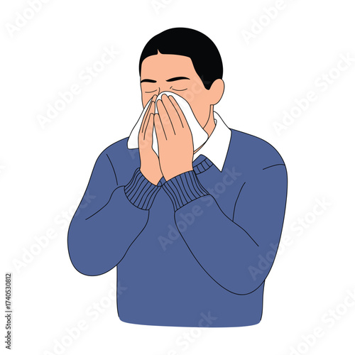 Man Blowing Nose with Tissue Paper Illustration vector