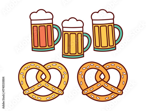 Oktoberfest beer mugs and pretzels festive illustration and white background