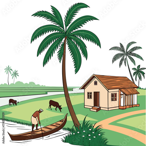 Idyllic kerala backwaters scene with a man in a canoe traditional house palm trees and grazing cattle